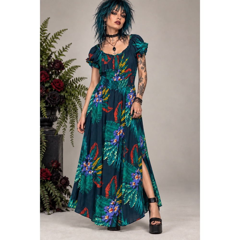 Patrons of Peace Teal Tropical Floral Smocked Waist Maxi Dress Side Slit L
